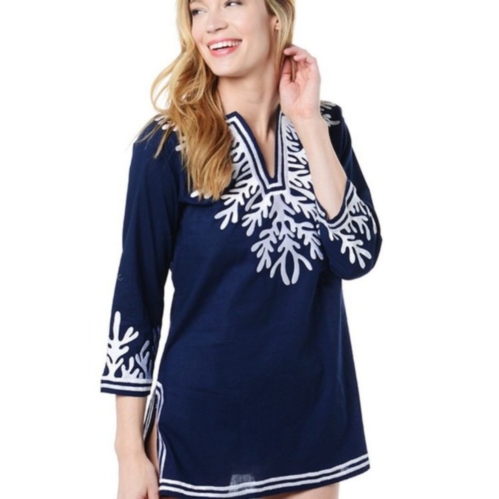 Gretchen Scott Navy Blue Reef Embroidered Tunic Top medium